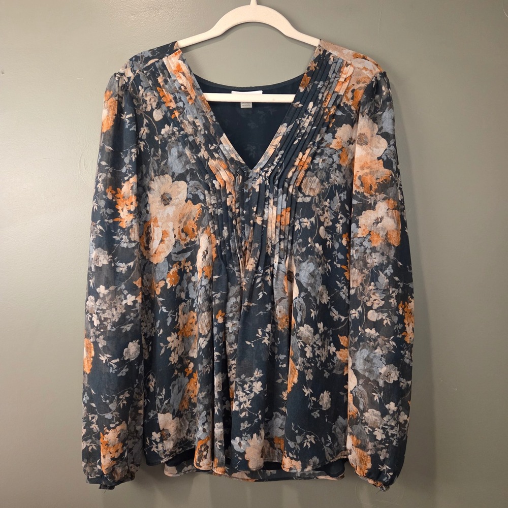 Calvin Klein Women's Floral Print Blouse Pleated V-Neck Sheer Sleeves Size XL